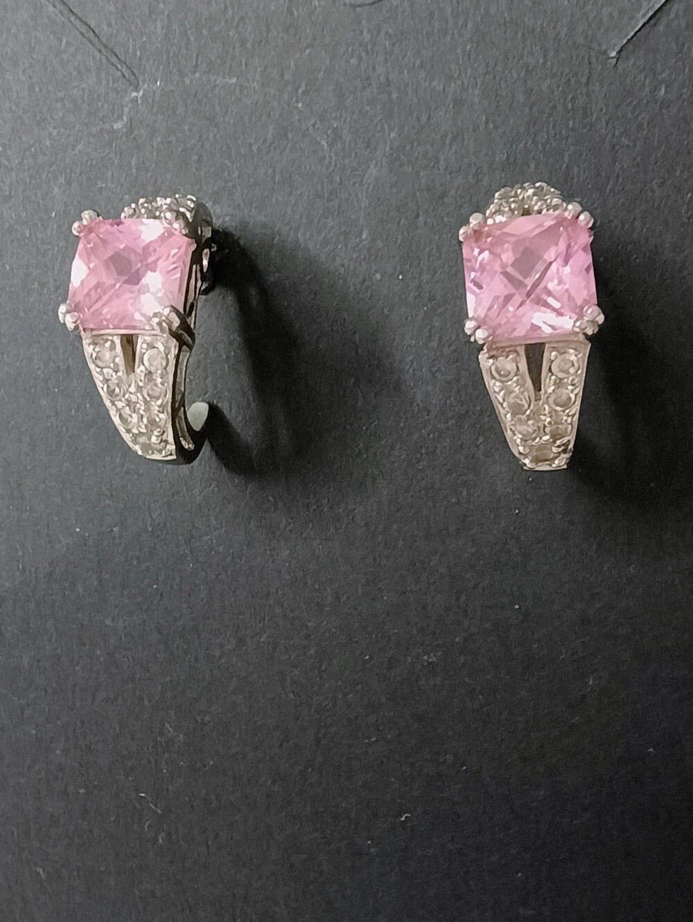 Sterling Silver Pierced Earrings Square Cut Pink Cubic Zirconia Marked 925